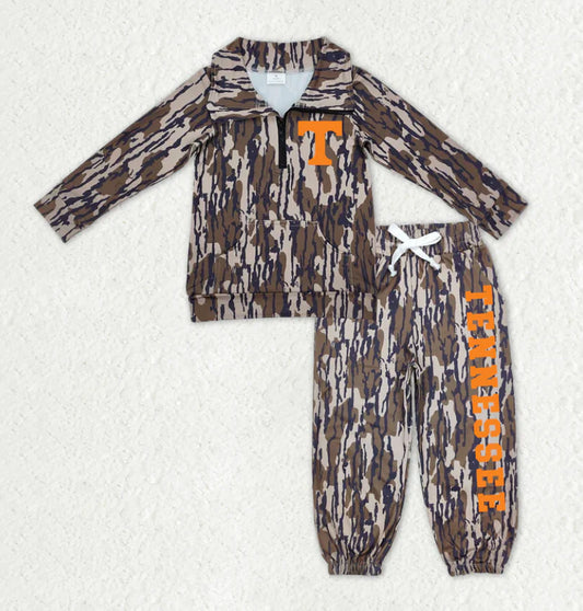 (Custom Design Preorder MOQ 5) Team's Tennessee Camo Print Zipper Pullover Top Pockets Pants Kids Fall Clothes Set
