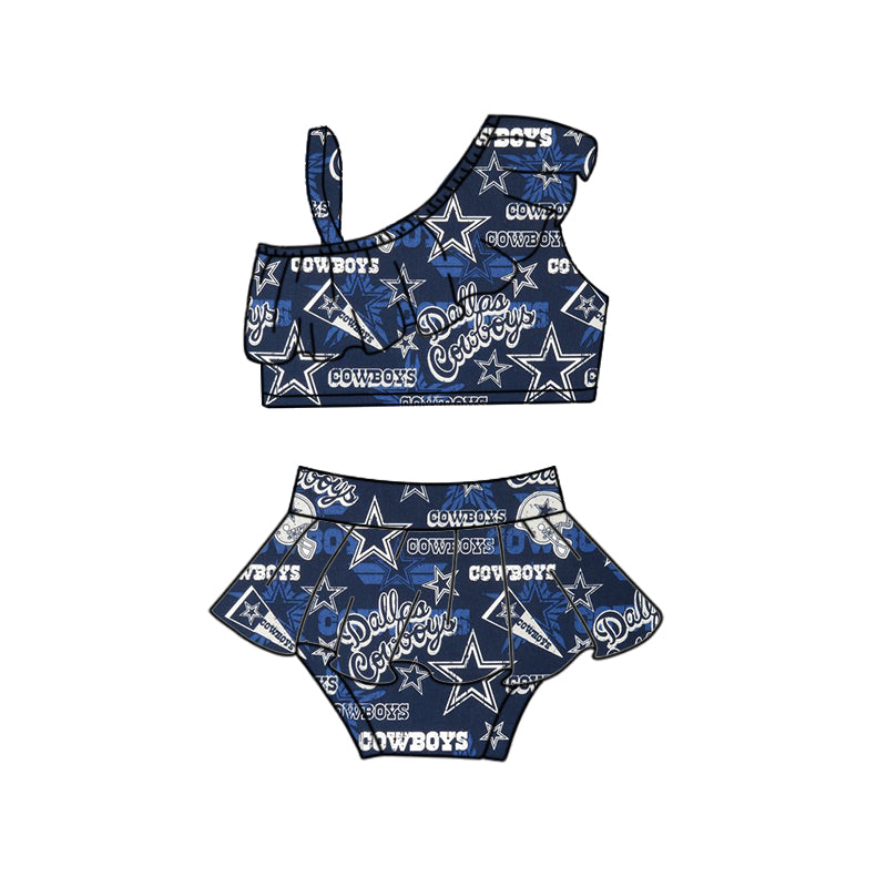 (Custom Design Preorder MOQ 5) Team's Cowboys Stars Navy Print Girls 2 Pieces Swimsuits