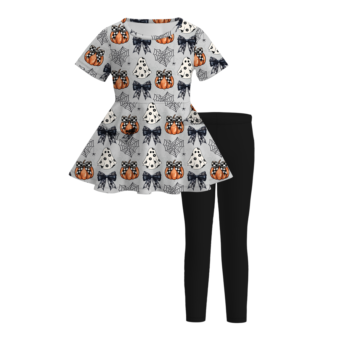 (Custom Design Preorder MOQ 5)  Pumpkin Ghost Bows Tunic Top Black Pants Girls Halloween Clothes Set