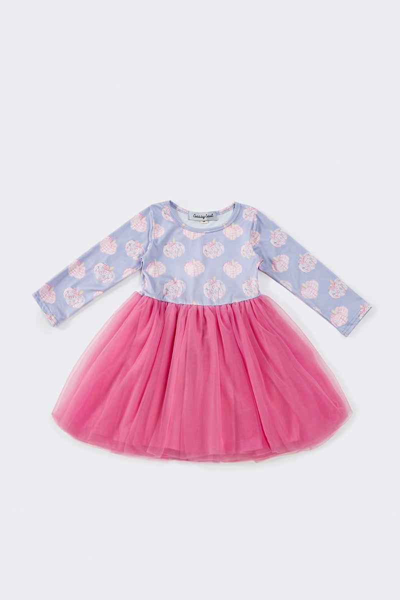 (Custom Design Preorder MOQ 5) Pumpkin Pink Print Girls Knee Length Fall Tulle Dress