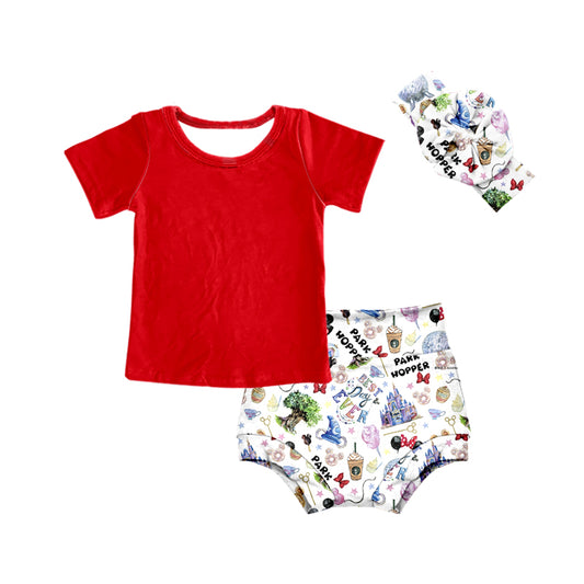 (Custom Design MOQ 5)  Red Top Cartoon Mouse Shorts Baby Girls Summer 3 Pieces Bummie Sets