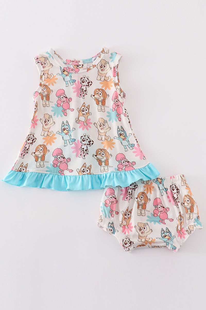 (Custom Design Preorder MOQ 5) Cartoon Dog Print Shorts Baby Summer Bummie Set