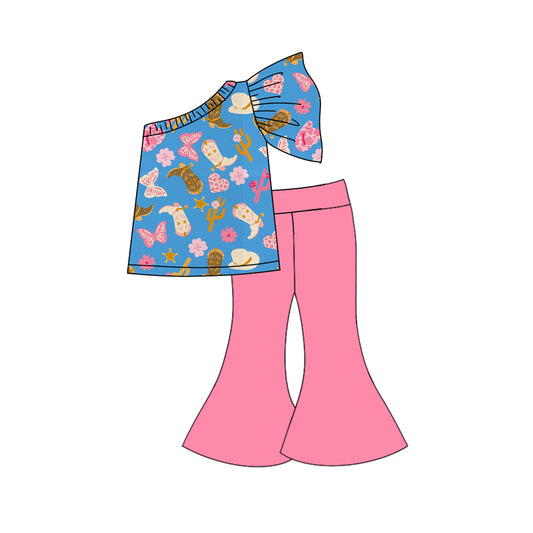 (Custom Design Preorder MOQ 5) Boots Flowers Hat Top Pink Bell Pants Girls Western Clothes Set