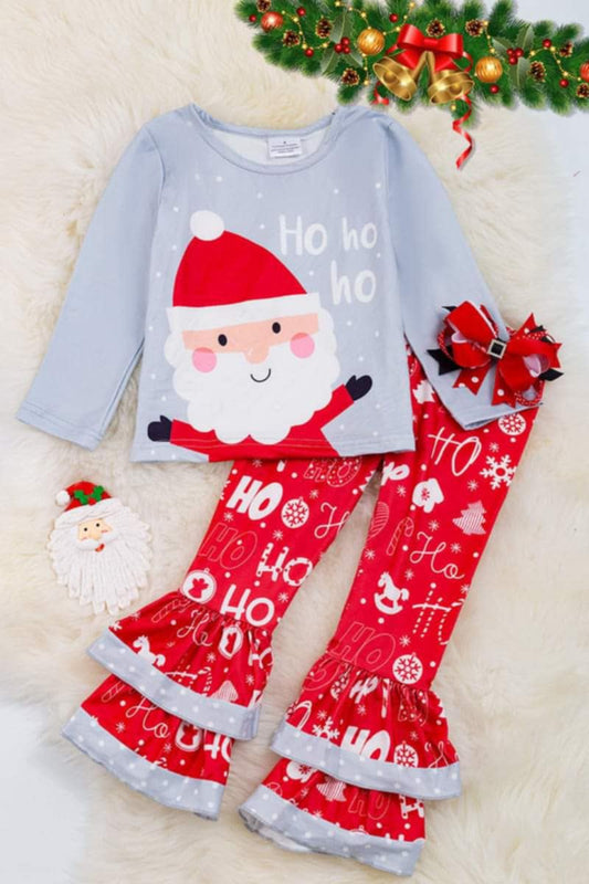 (Custom Design Preorder MOQ 5) Santa HOHOHO Top Ruffles Print Girls Christmas Clothes Set