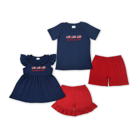 Flags Embroidery Navy Top Red Shorts Sibling 4th of July Matching Clothes Set