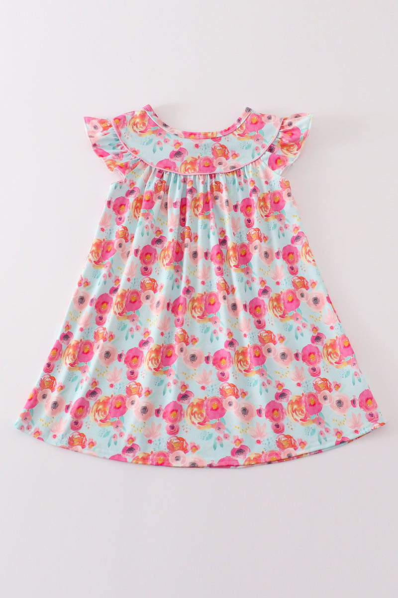 (Custom Design Preorder MOQ 5) Hotpink Flowers Print Girls Summer Knee Length Dress