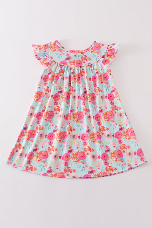 (Custom Design Preorder MOQ 5) Hotpink Flowers Print Girls Summer Knee Length Dress
