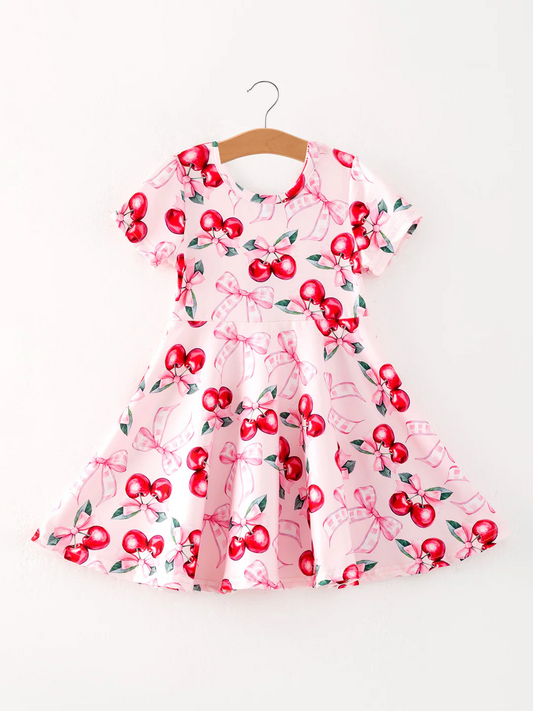 (Custom Design Preorder MOQ 5) Cherry Bows Print Girls Summer Knee Length Dress