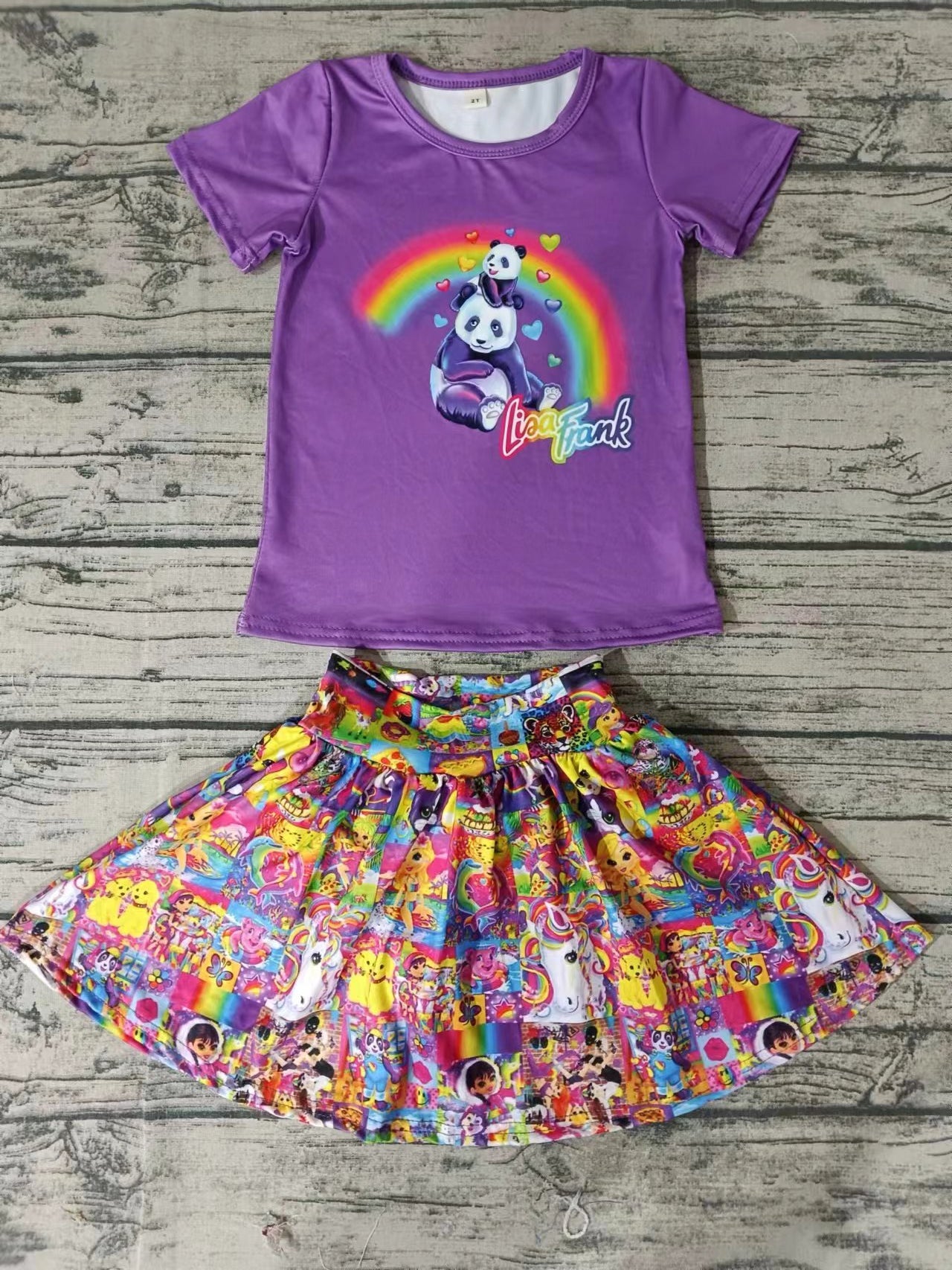 （Custom Design Preorder MOQ 5)Rainbow Panda Print Top Skirts With Shorts Girls Summer Clothes Set