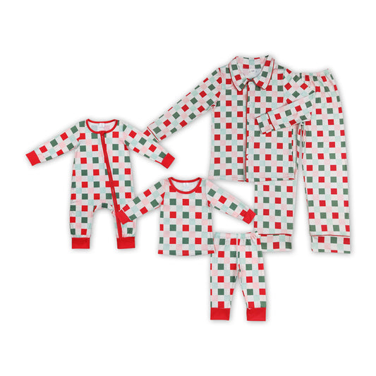 Red Green Pink Plaid Print Christmas Family Matching Pajamas Clothes