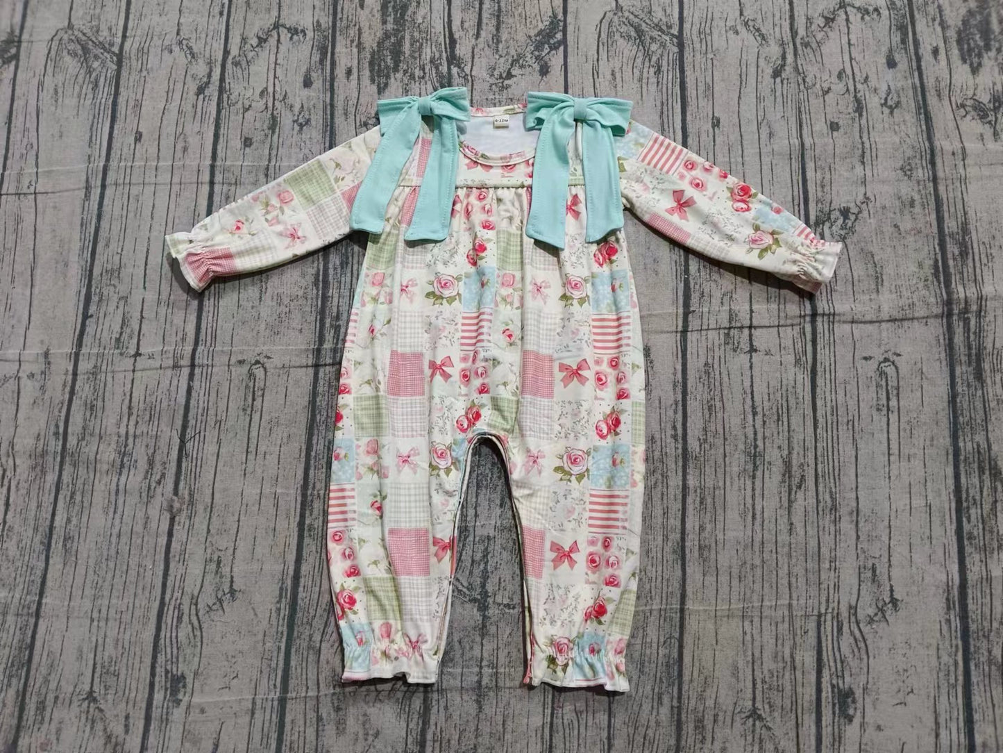 (Custom Design Preorder MOQ 5) Flowers Plaid Print Baby Girls Spring Romper