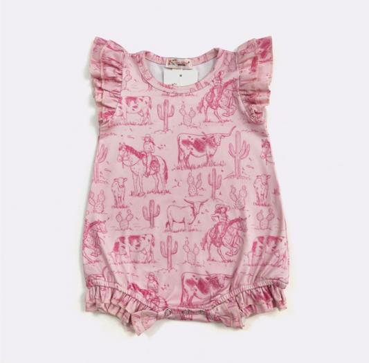 (Custom Design Preorder MOQ 5) Cowgirl Pink Print Baby Girls Summer Romper