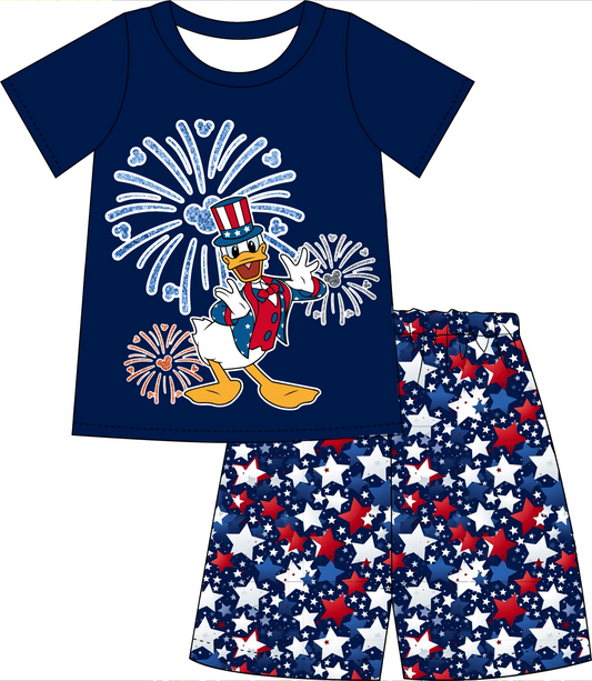 (Custom Design Preorder MOQ 5)  Cartoon Duck Print Boys 4th of July Clothes Set