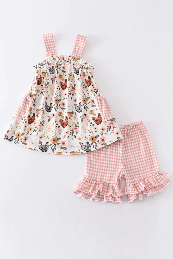 (Custom Design Preorder MOQ 5)  Flowers Chicken Print Pockets Top Ruffle Shorts Girls Summer Clothes Set