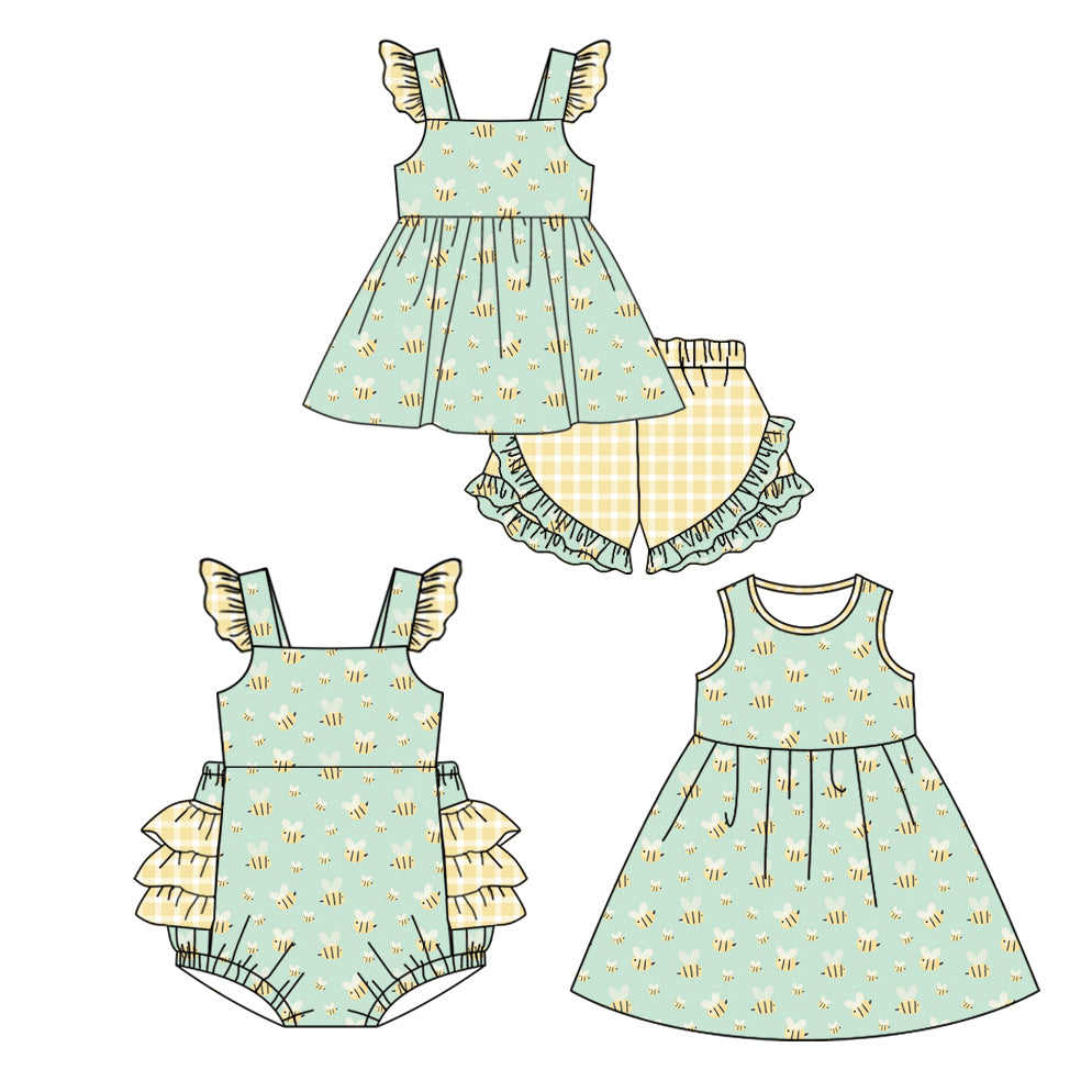 12.13(Custom Design Preorder MOQ 5 Each Design) Bee Print Girls Summer Matching Clothes Sisters Wear