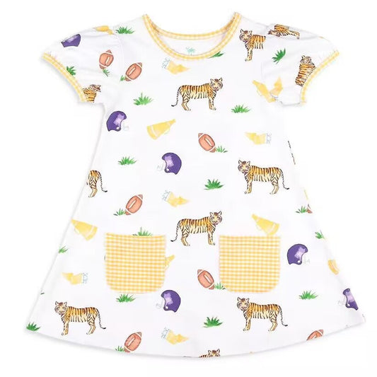 (Custom Design Preorder MOQ 5) Tiger Football Yellow Plaid Print Girls Summer Knee Length Dress