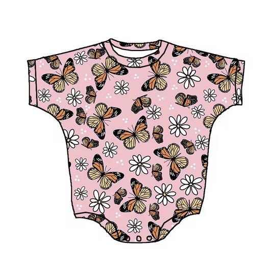 (Custom Design Preorder MOQ 5) Flowers Butterfly Print Baby Girls Summer Romper