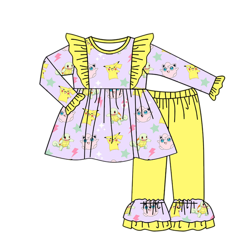 (Custom Design Preorder MOQ 5) Cartoon Animals Tunic Top Yellow Pants Girls Fall Clothes Set