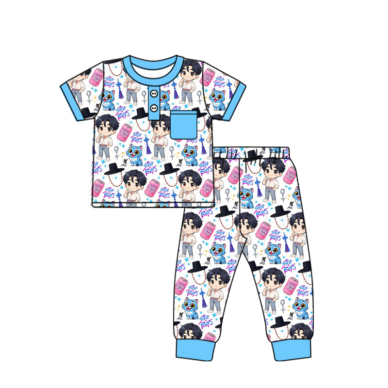 (Custom Design Preorder MOQ 5 Each Design) Cartoon Demon Movie Stars Blue Print Boys Matching Clothes Brothers Wear