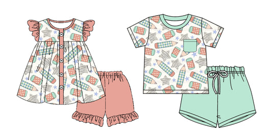 3.29(Custom Design Preorder MOQ 5 Each Design) Pen Stars Print Kids Back to School Matching Clothes Sibling Wear