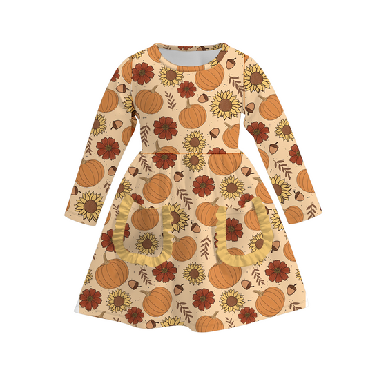 (Custom Design Preorder MOQ 5) Pumpkin Sunflowers Print Girls Knee Length Fall Dress