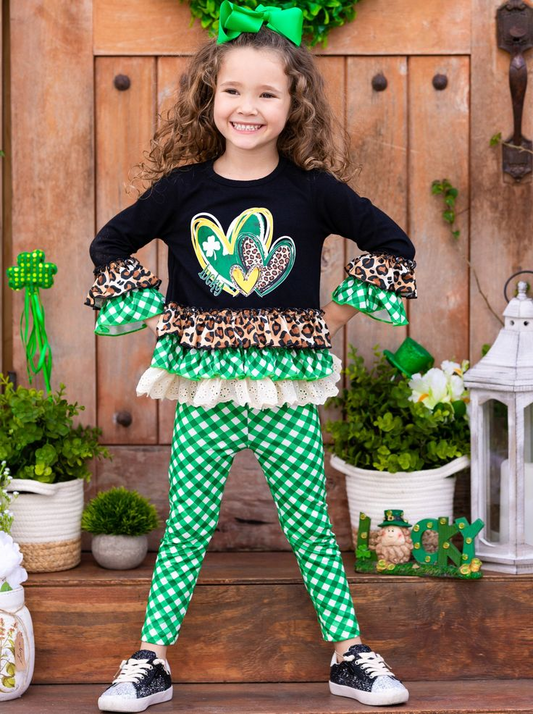 (Custom Design MOQ 5)  Luck Heart Ruffles Top Green Plaid Legging Pants St. Patrick's Girls Clothes set