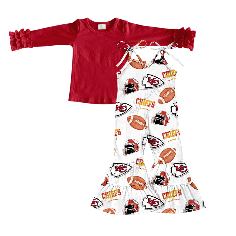 (Custom Design Preorder MOQ 5) Red Top Team's KC White Jumpsuit Girls Fall Clothes Set