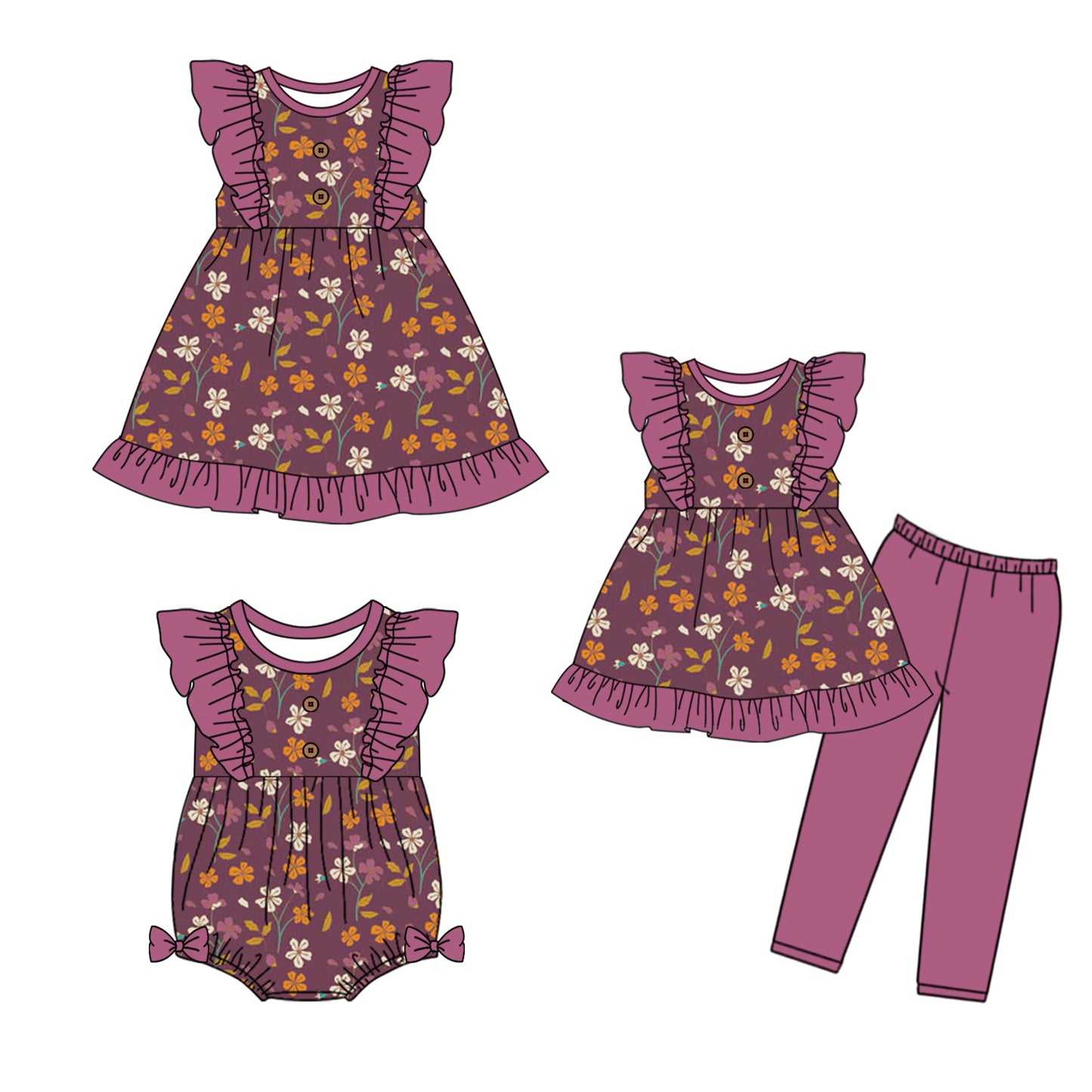 5.1(Custom Design Preorder MOQ 5 Each Design) Purple Flowers Print Girls Fall Matching Clothes Sisters Wear