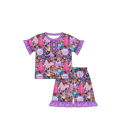 12.12(Custom Design Preorder MOQ 5) Singer Swiftie Purple Print Girls Summer Pajamas Clothes Set