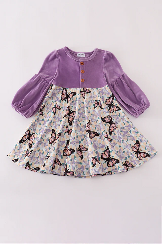 (Custom Design Preorder MOQ 5 ) Purple Velvet Butterfly Girls Fall Knee Length Dress
