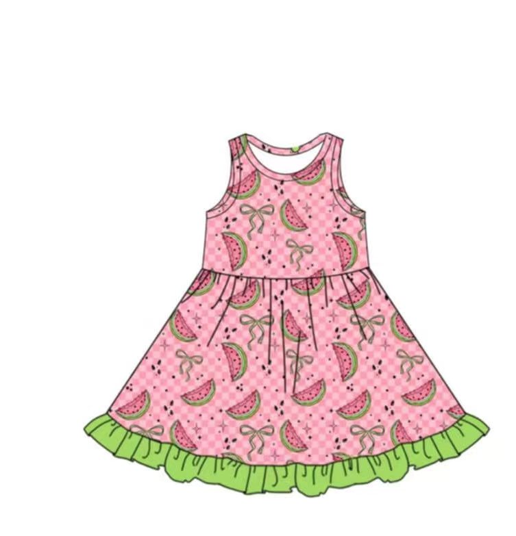 (Custom Design Preorder MOQ 5) Watermelon Bows Print Girls Sleeveless Knee Length Dress