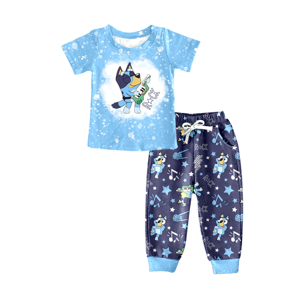 (Custom Design Preorder MOQ 5) Cartoon Dog Blue Rock Print Boys Clothes Set