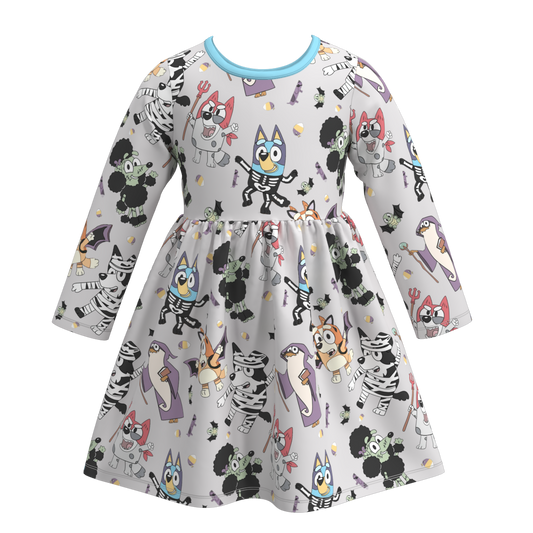 (Custom Design Preorder MOQ 5) Cartoon Dog Print Girls Knee Length Halloween Dress