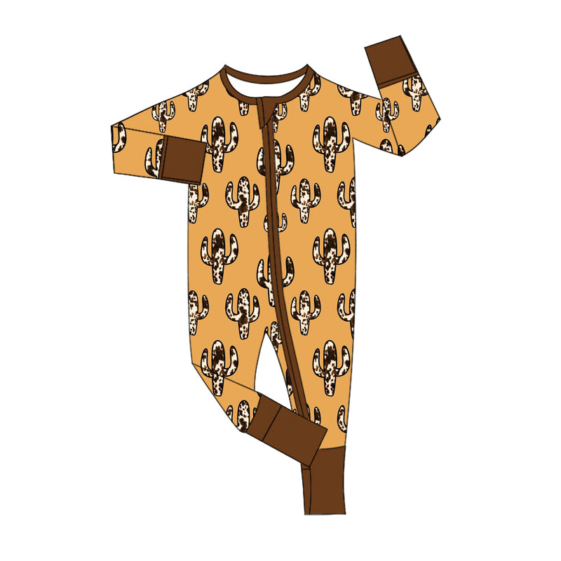 (Custom Design Preorder MOQ 5)  Cactus Brown Print Baby Western Bamboo Sleeper Zipper Romper