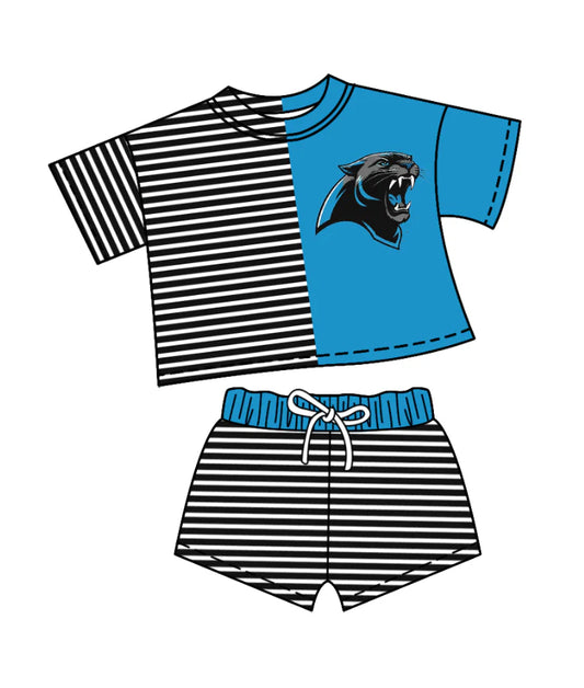 (Custom Design Preorder MOQ 5)  Team's Panthers Stripes Print Shorts Kids Summer Clothes Set