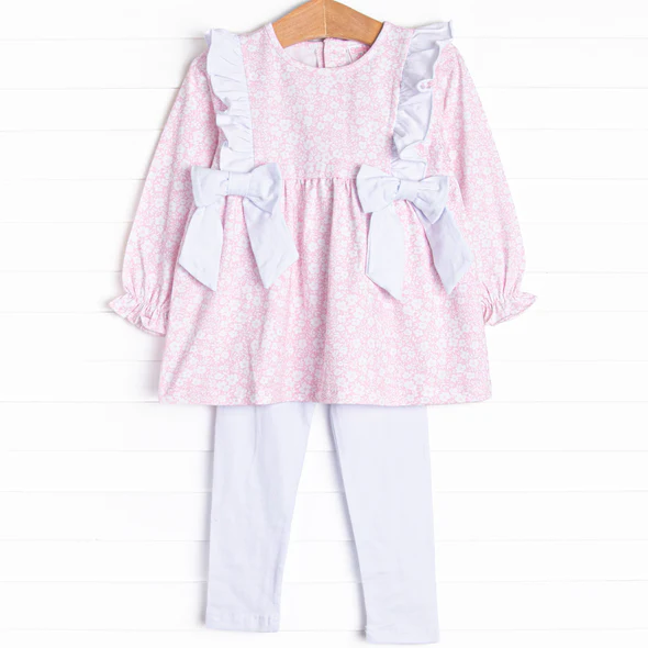 (Custom Design Preorder MOQ 5) Pink Flowers Tunic Top Legging Pants Girls Christmas Clothes Set