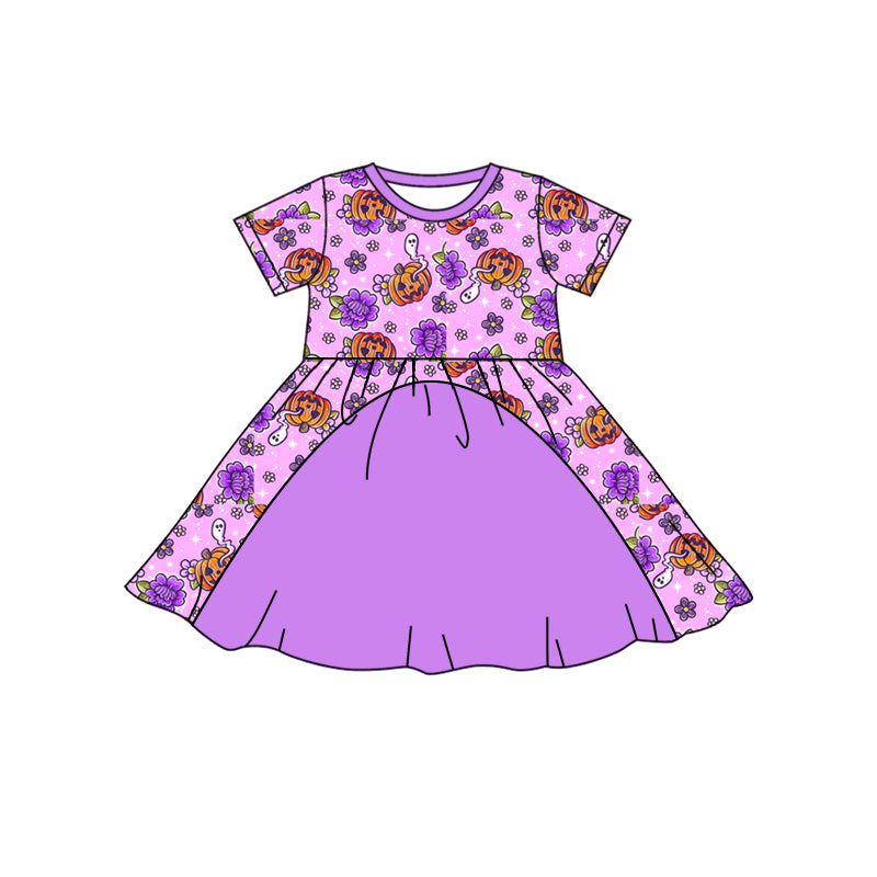 (Custom Design Preorder MOQ 5) Ghost Pumpkin Flowers Print Girls Knee Length Halloween Dress