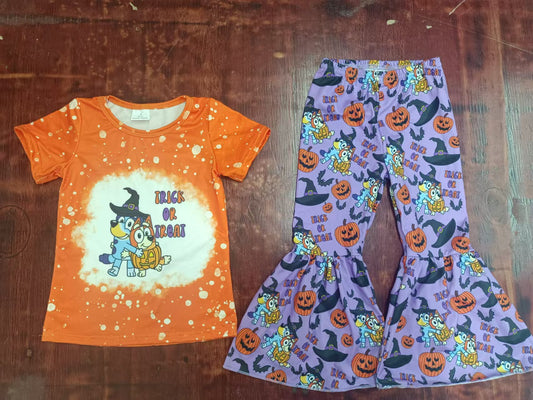 (Custom Design Preorder MOQ 5) Cartoon Dog Orange Top Bell Pants Girls Halloween Clothes Set