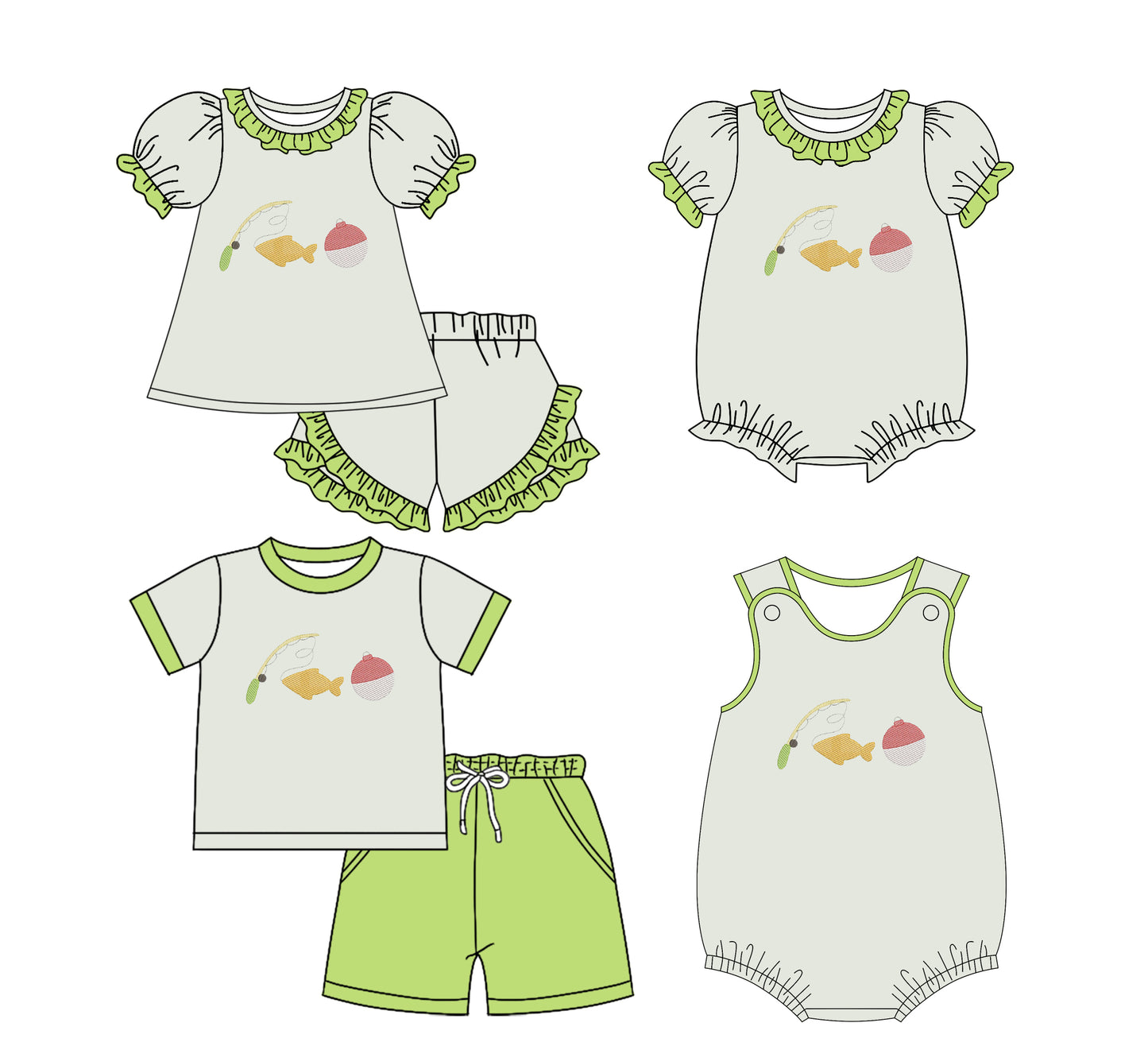 11.29(Custom Design Preorder MOQ 5 Each Design) Fishing Print Kids Summer Matching Clothes Sibling Wear