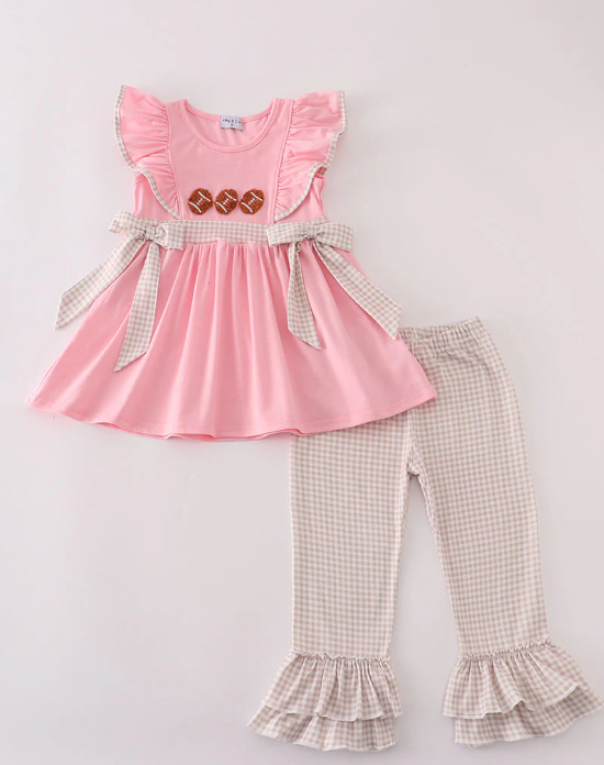 (Custom Design Preorder MOQ 5) Football Pink Tunic Top Plaid Pants Girls Clothes Set