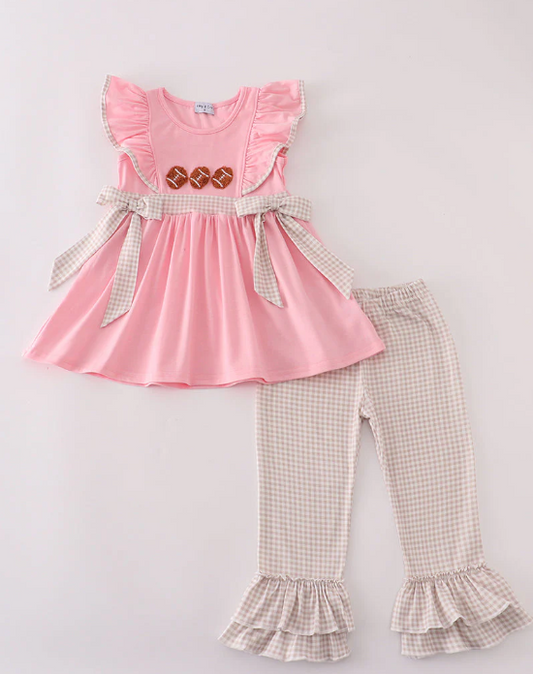 (Custom Design Preorder MOQ 5) Football Pink Tunic Top Plaid Pants Girls Clothes Set