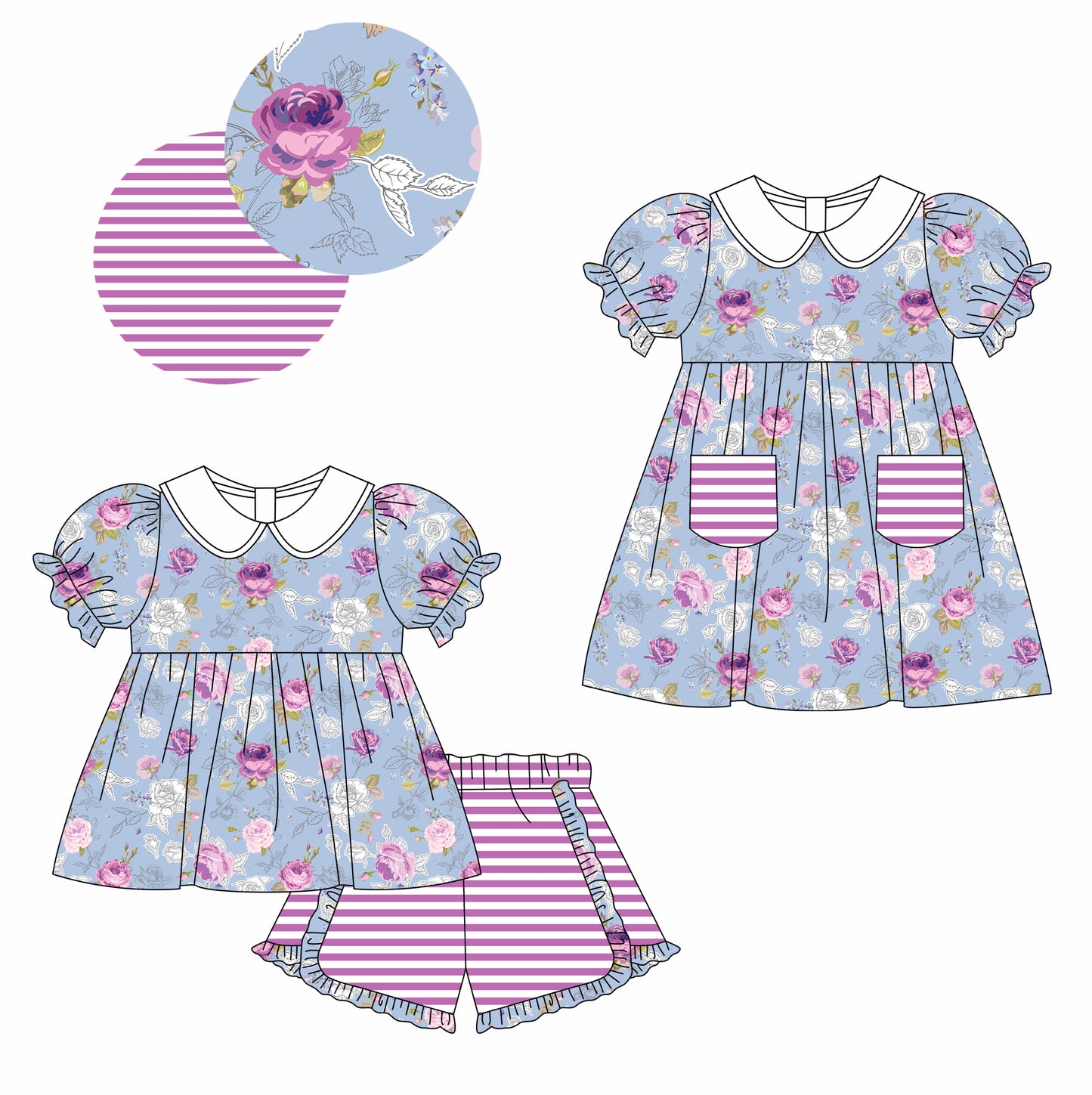 11.13(Custom Design Preorder MOQ 5 Each Design) Purple Flowers Print Girls Summer Matching Clothes Sisters Wear