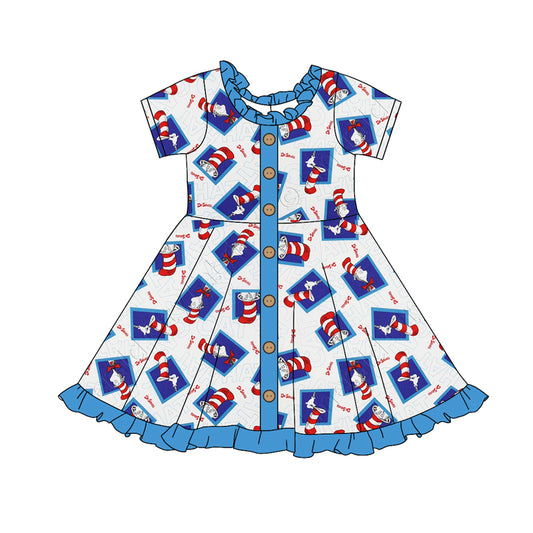 (Custom Design Preorder MOQ 5)  Dr.Reading Blue Print Girls Knee Length Dress