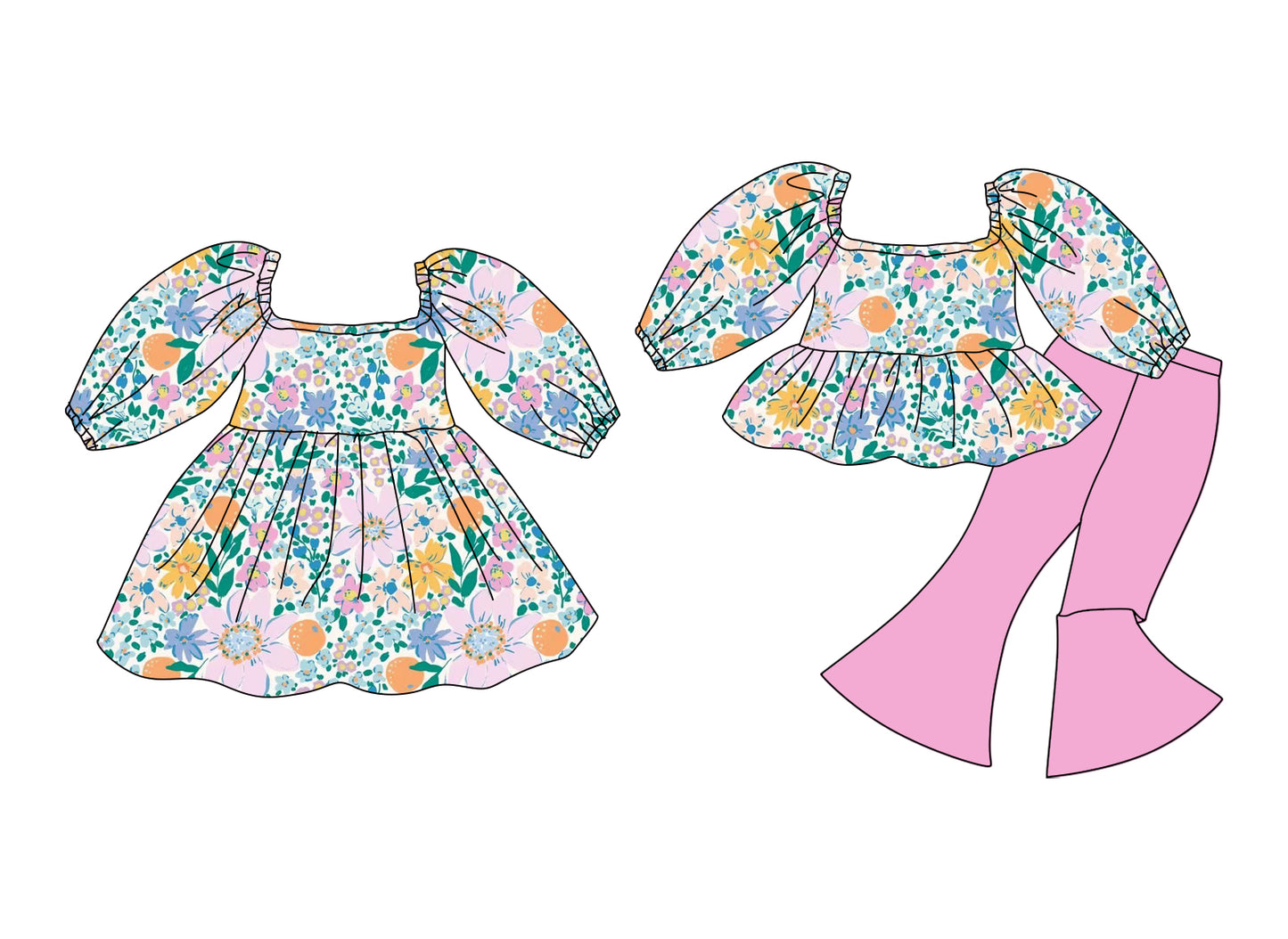 12.10 (Custom Design Preorder MOQ 5 Each Design) Colorful Flowers Print Girls Matching Clothes Sisters Wear