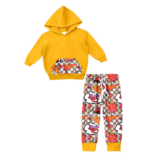 (Custom Design Preorder MOQ 5) Yellow Hoodie Pockets Top Team's KC Pants Kids Fall Clothes Set