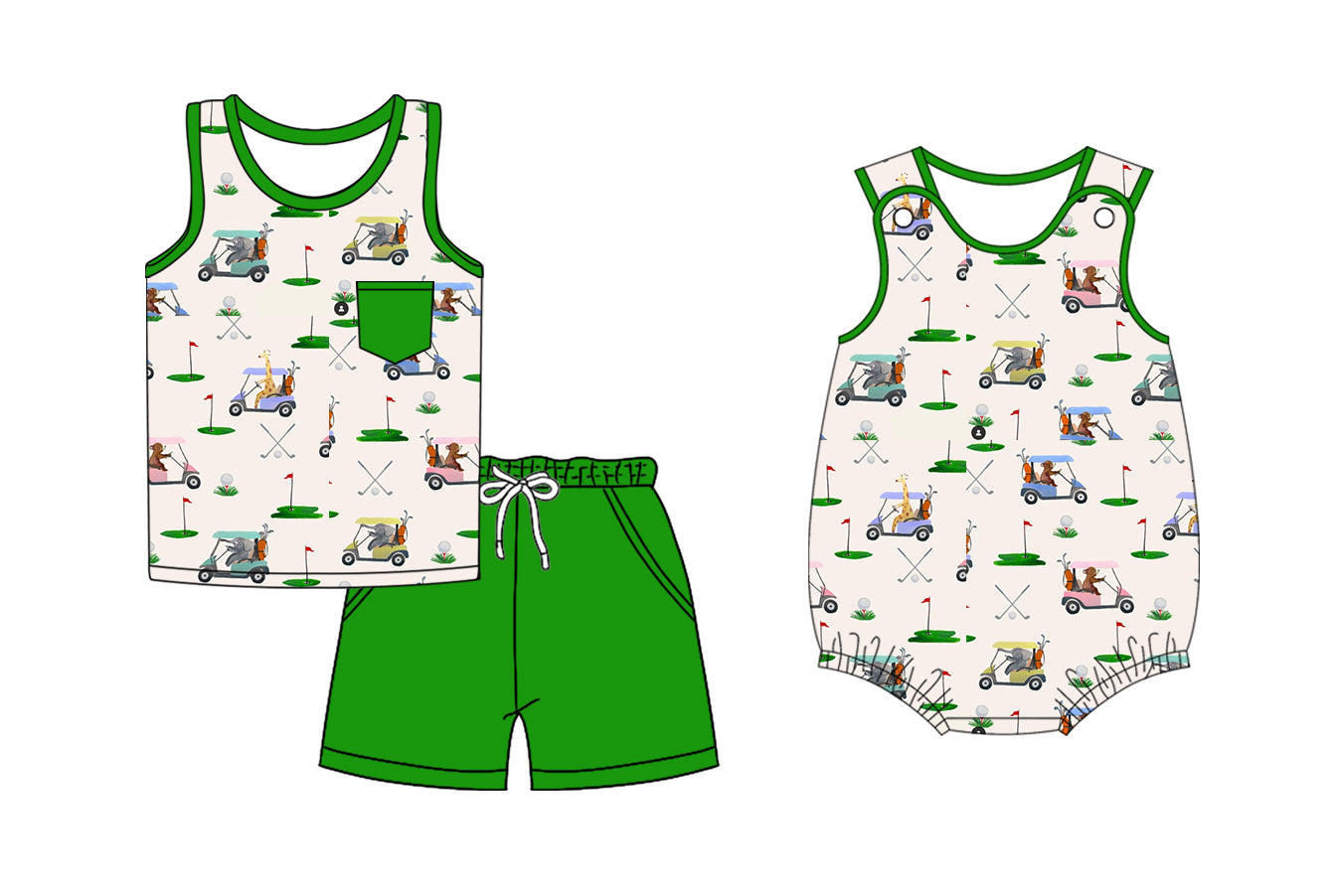 2.22(Custom Design Preorder MOQ 5 Each Design) Golf Green Print Boys Summer Matching Clothes Brothers Wear