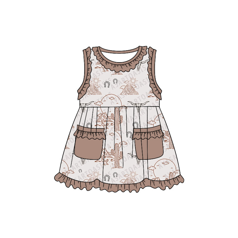 (Custom Design Preorder MOQ 5) Cactus Western Print Girls Knee Length Summer Dress