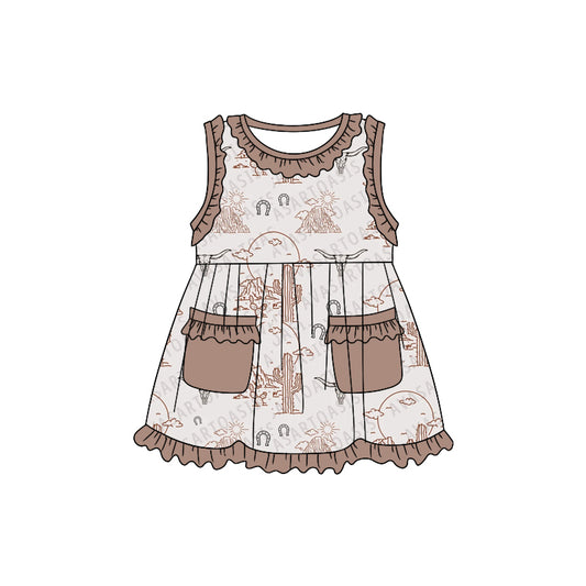 (Custom Design Preorder MOQ 5) Cactus Western Print Girls Knee Length Summer Dress