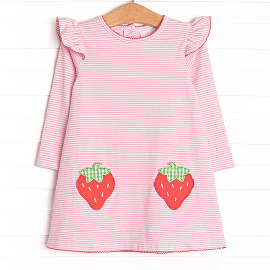 (Custom Design Preorder MOQ 5) Strawberry Pink Stripes Print Girls Knee Length Dress