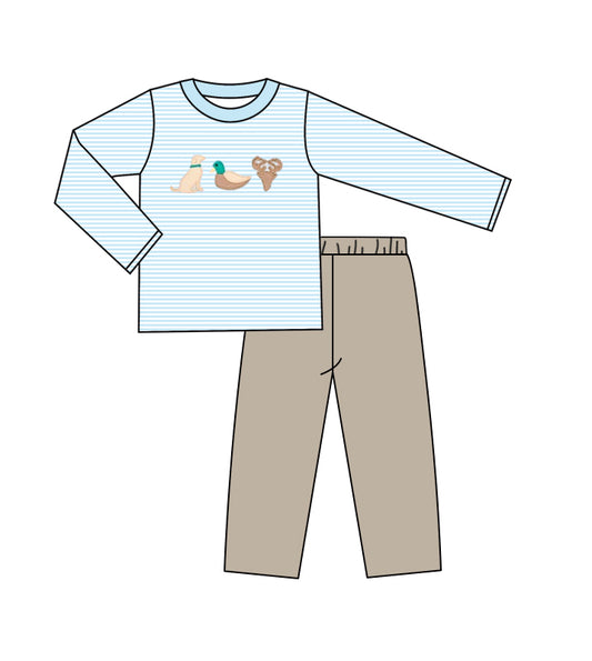 (Pre-order)BLP0918  Dog Duck Deer Blue Stripes Top Brown Pants Boys Fall Clothes Set